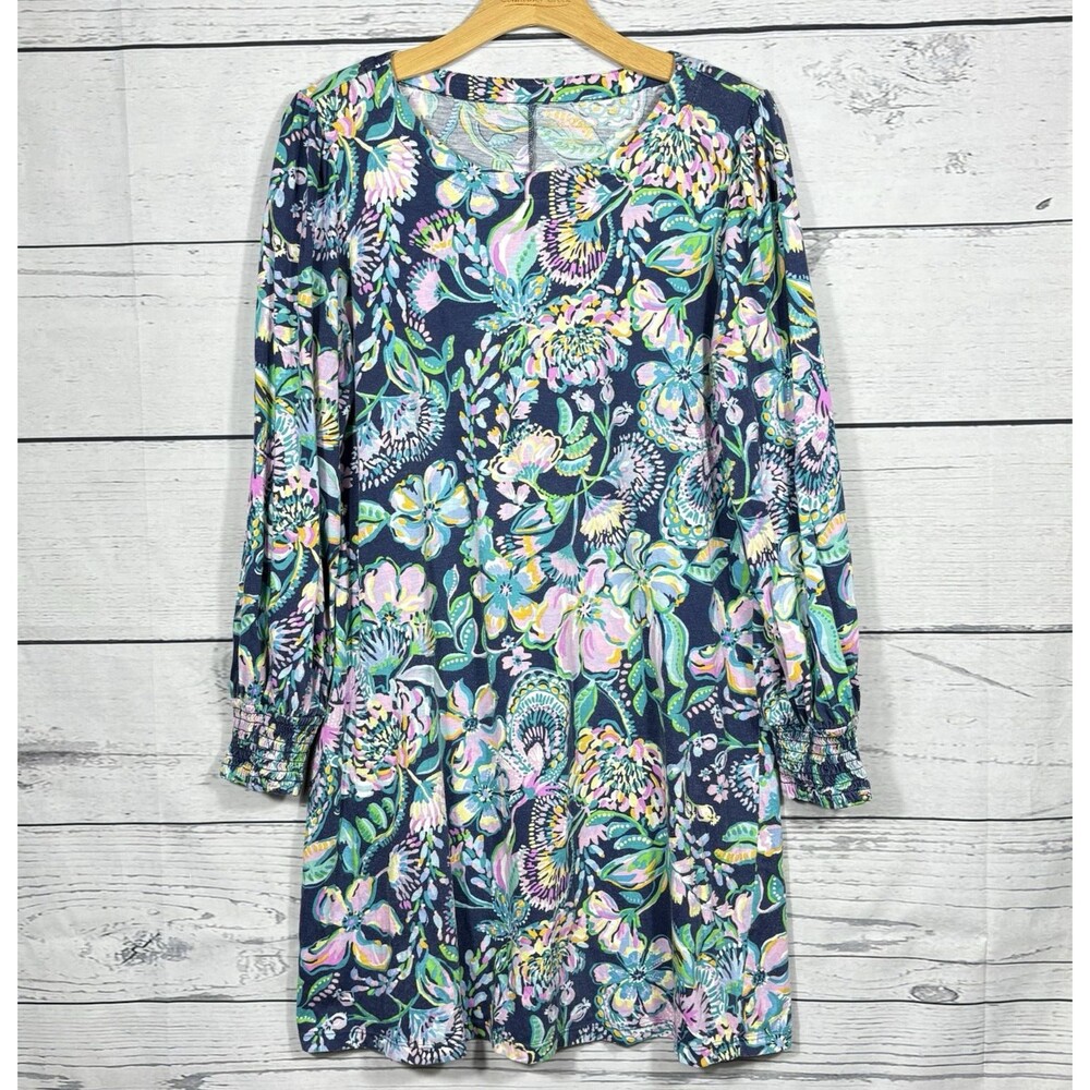 Lilly Pulitzer Diann Floral Cotton Dress Womens Large High Tide Navy Got Sol